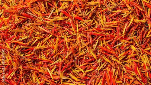 Saffron Threads in full frame. saffron background. Asian food. texture of Saffron closeup, spice or seasoning as background