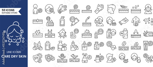 Care dry skin line editable icon set. Containing vitamin E, olive oil, sunscreen, collagen, serum drop and more. Vector illustration