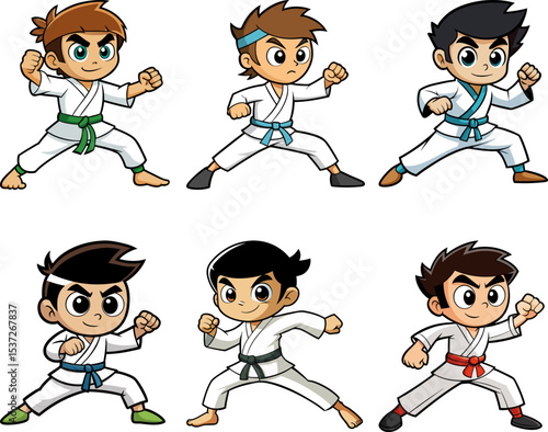 Vector set of Funny smiling diverse cartoon characters practicing karate boys, including funny school children clip art, happy and having funny artwork