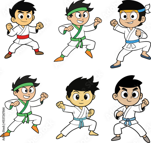 Vector set of Funny smiling diverse cartoon characters practicing karate boys, including funny school children clip art, happy and having funny artwork