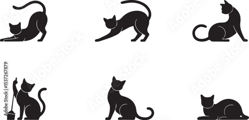 Six black cat silhouettes in different poses