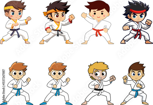 Vector set of smiling cartoon characters practicing karate boys, including funny school children clip art, happy and having funny artwork