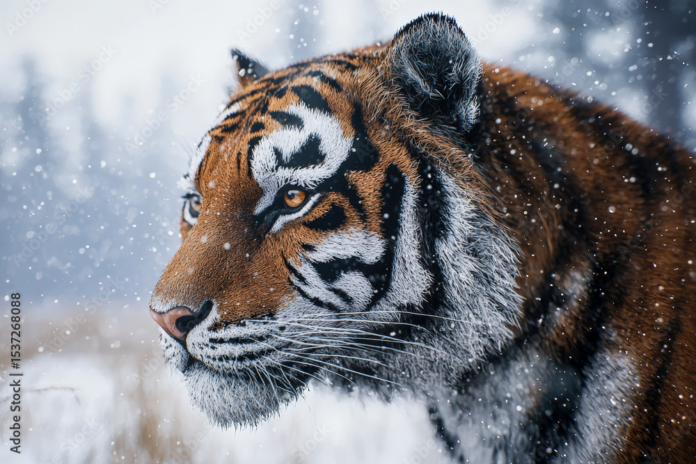 Obraz premium Close-up of a tiger in a snowy landscape