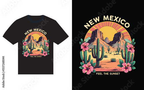 New mexico desert sunset t shirt design with cacti and hibiscus flowers.