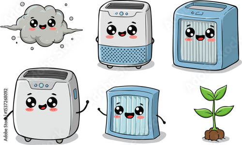 Cartoon air purifier character set with dust, clean air, filter, and leaf