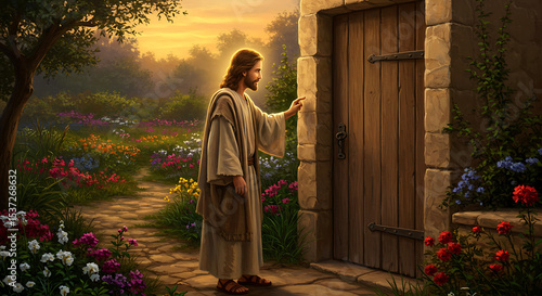 The Knocker: An image depicts a religious figure, adorned in traditional garments, knocking on a wooden door. This captures a moment of faith, spirituality, and divine guidance.