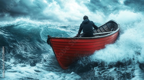Man rowing small red boat during storm in rough sea