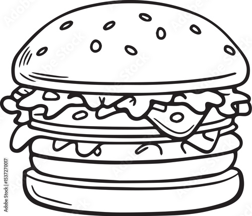 hand-drawn hamburger illustration with sesame bun and layered fillings — ideal for food design and culinary themes