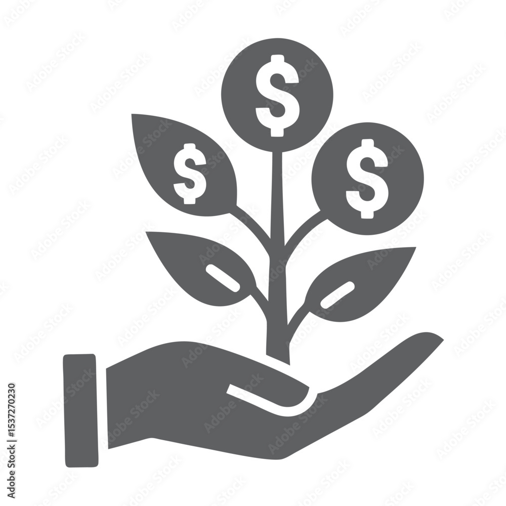 Gray Hand Holding a Money Tree with Dollar Coins as Leaves Gray Hand Holding a Money Tree with Dollar Coins as Leaves