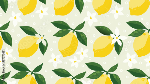 Seamless pattern featuring lemons with leaves and white flowers scattered on a light background design style