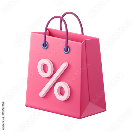 Pink shopping bag with percentage sign symbolizes sales discounts promotions and special offers isolated on black background