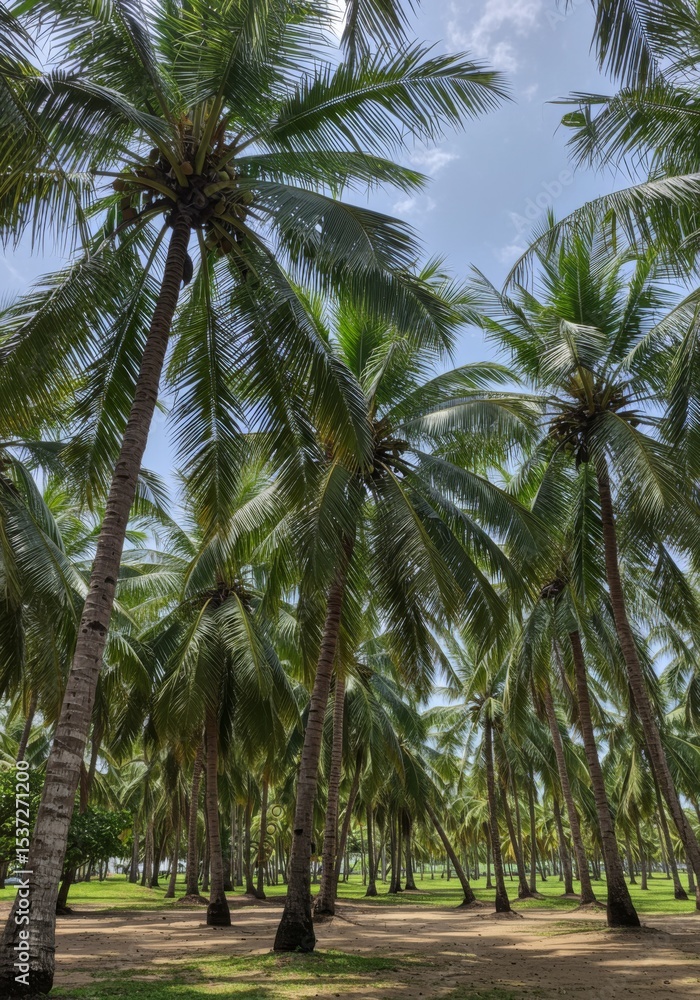 Obraz premium Lush Green Palm Tree Grove on Sandy Beach Under Blue Sky