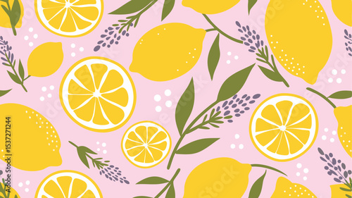 Seamless pattern featuring lemons, lemon slices, lavender sprigs, and green leaves on a pink background design