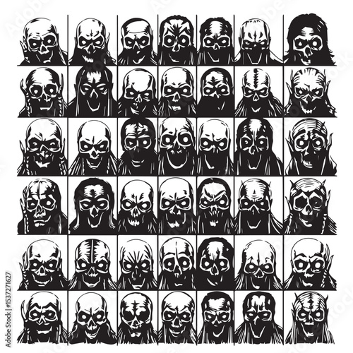 Collection of 48 black and white skull illustrations