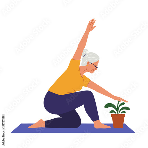 Elderly woman practicing yoga while reaching for a potted plant  