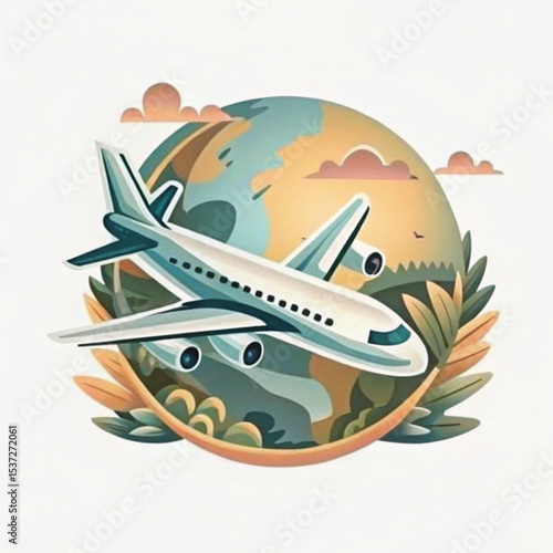 Airplane flying around a globe in a colorful illustrative style  