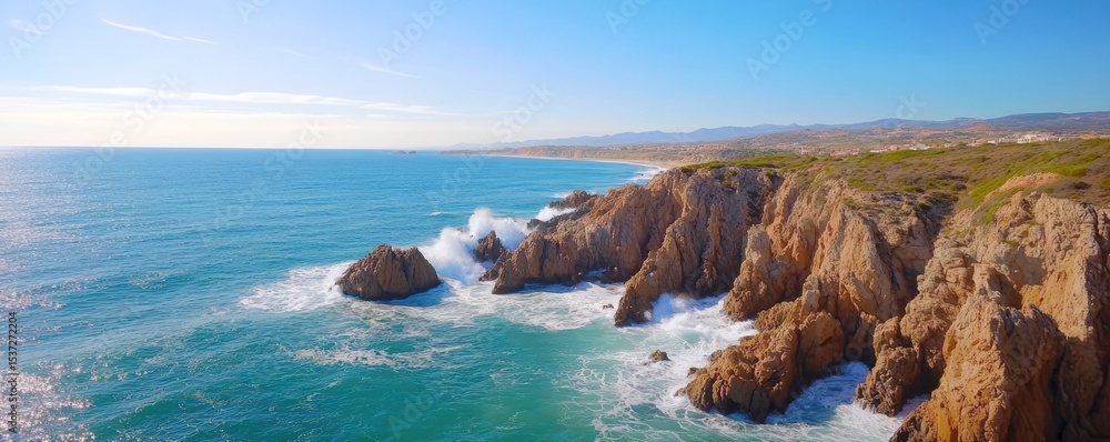 Obraz premium Ocean waves crashing against rugged cliffs dramatic coastal seascape