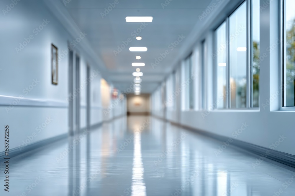 An outoffocus hospital hallway with doors windows and lights stretching into the distance An outoffocus hospital hallway with doors windows and lights stretching into the distance