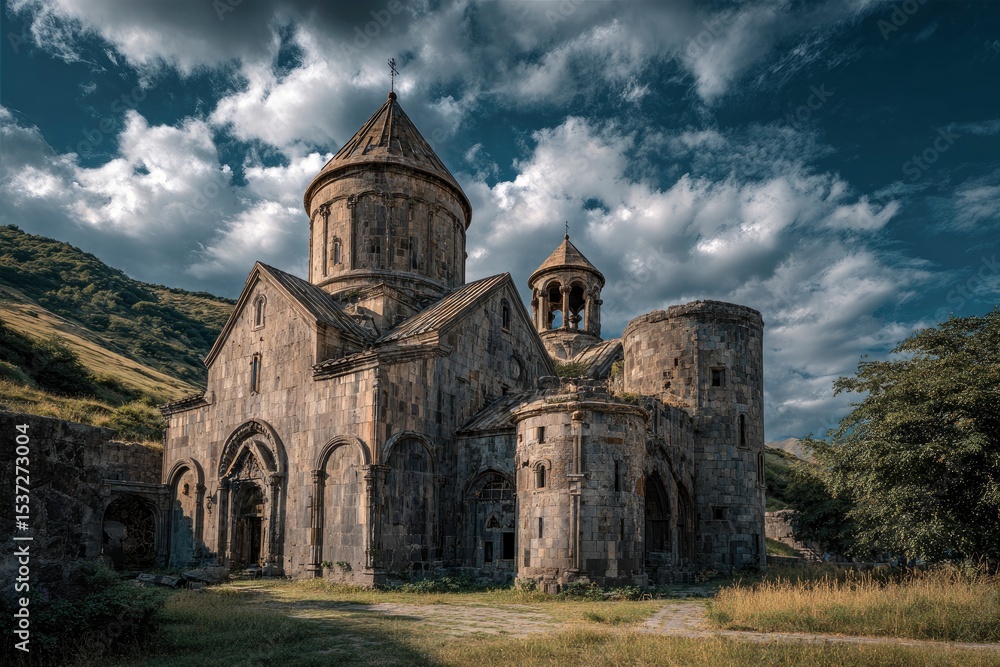 Fototapeta premium Ancient stone monastery with a tall central dome nestled against a dramatic cloudy sky and green hills