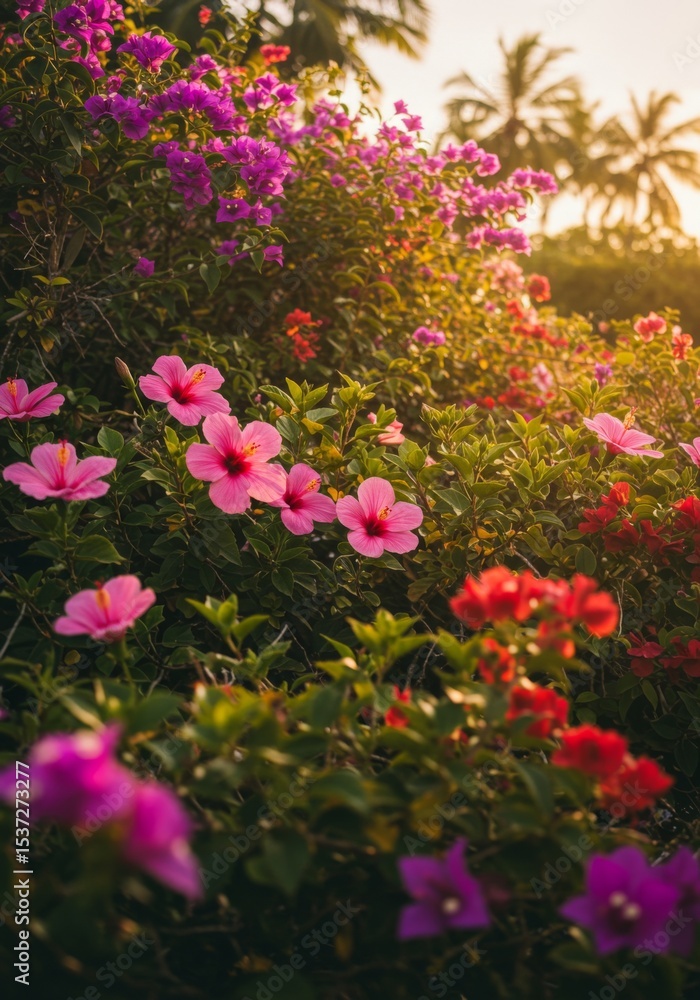 Obraz premium Vibrant Pink and Purple Hibiscus and Bougainvillea Flowers at Sunset