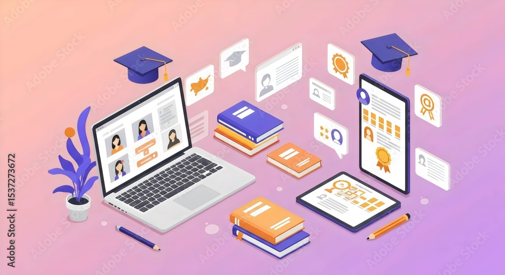 Obraz premium Digital Education Concept Featuring Remote Learning, Laptop Video Conferences, and E-Learning Modules