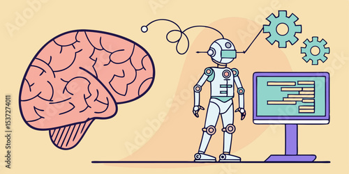 Artificial Intelligence Robot Brain Technology Concept Illustration showing a humanoid robot near a computer and a brain