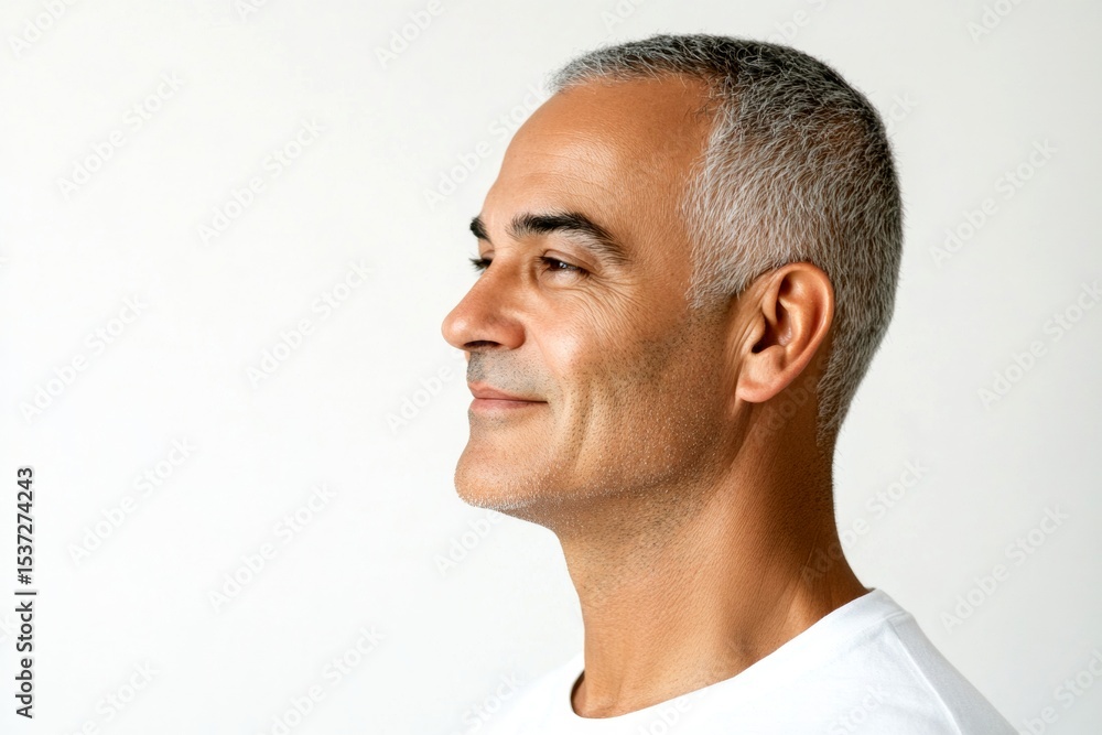 Obraz premium A gentle and elegant man with a warm presence. Concept art of style for aging men. Pure white solid background. Fashionable men's buzz cut haircut - midlife middle eastern man with short hai.