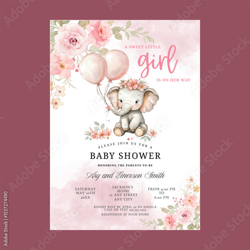Blush Pink Floral Cute Elephant Baby Shower Invitation