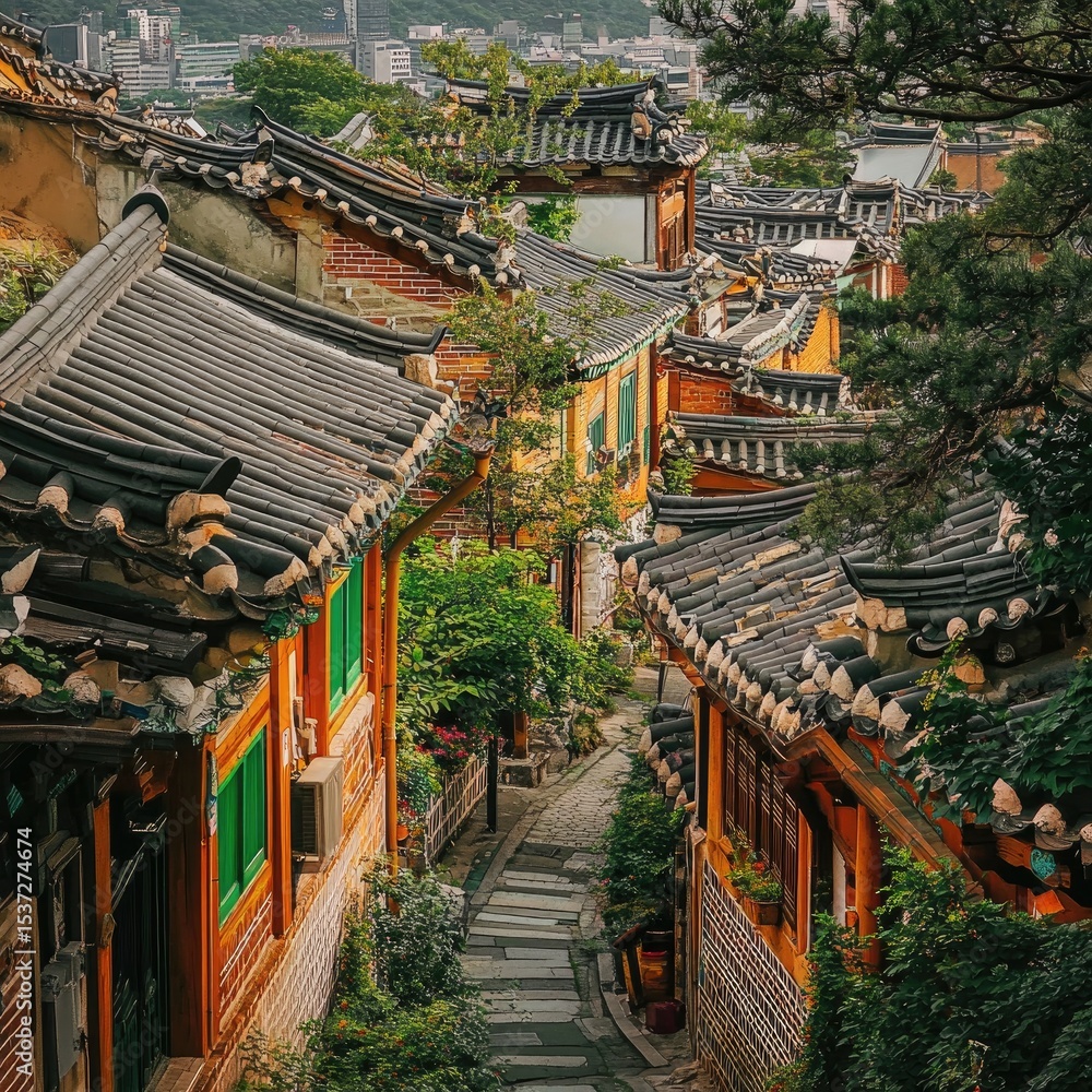 Fototapeta premium Asian alleyway, colorful homes, tiled roofs, lush greenery