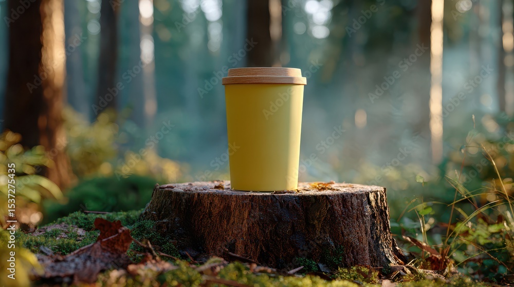 Obraz premium Butter yellow coffee cup mockup in forest