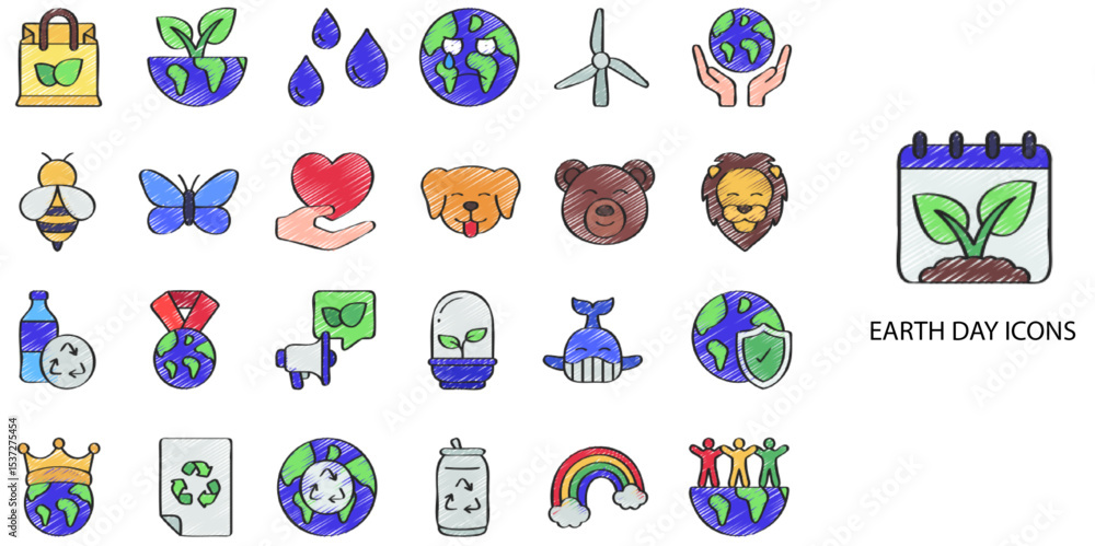 Fototapeta premium Earth Day simple concept 24 hand drawn color icons set .Vector illustration. 