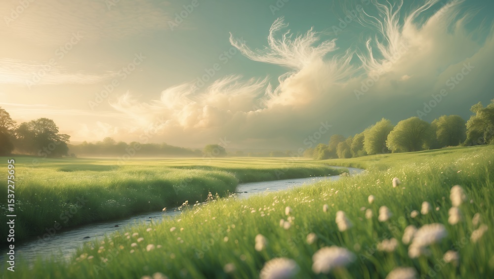 Fototapeta premium Gentle Stream Flowing Through Green Meadow with Scenic Sky Above
