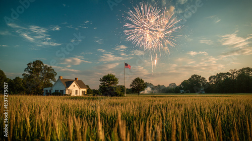 Fireworks bursting over a cornfield with a farmhouse and American flag in the distance.
