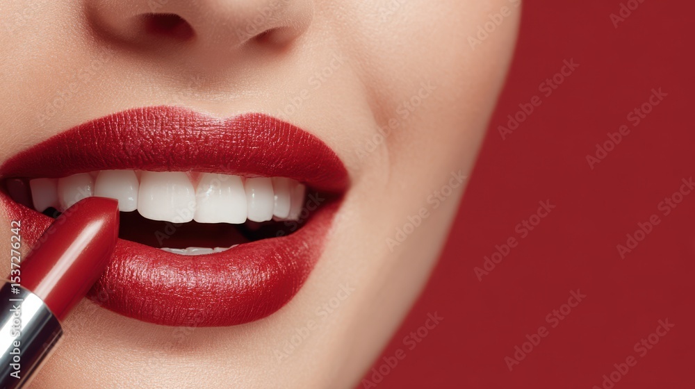 Obraz premium A close-up view captures a woman applying vibrant red lipstick. Her lips are beautifully accentuated, highlighting her flawless teeth against a striking red background