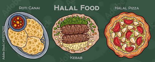 Popular Halal Cuisine Set. Hand-drawn vector illustration on a dark background.