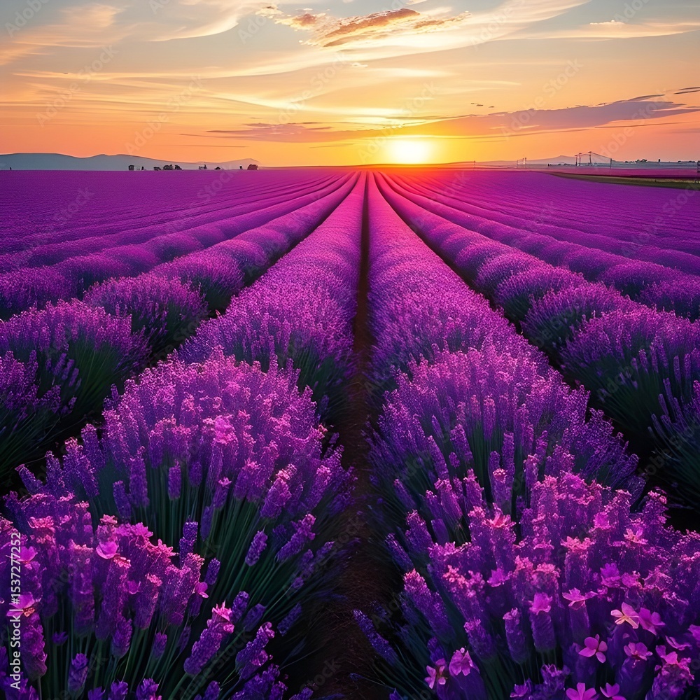 Naklejka premium A vast Lavender field with endless rows in full bloom, at sunset.