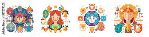 Zodiac Signs Flat Illustration Set Minimalist Astrology Symbols & Horoscope Collection