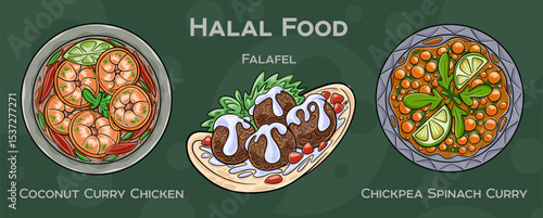 Popular Halal Cuisine Set. Hand-drawn vector illustration on a dark background.