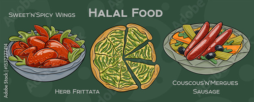 Popular Halal Cuisine Set. Hand-drawn vector illustration on a dark background.