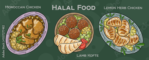 Popular Halal Cuisine Set. Hand-drawn vector illustration on a dark background.