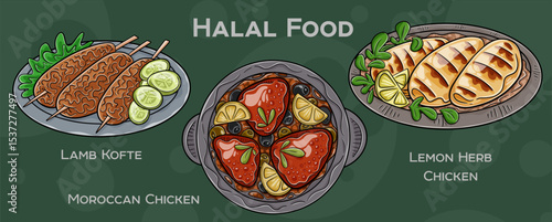 Popular Halal Cuisine Set. Hand-drawn vector illustration on a dark background.