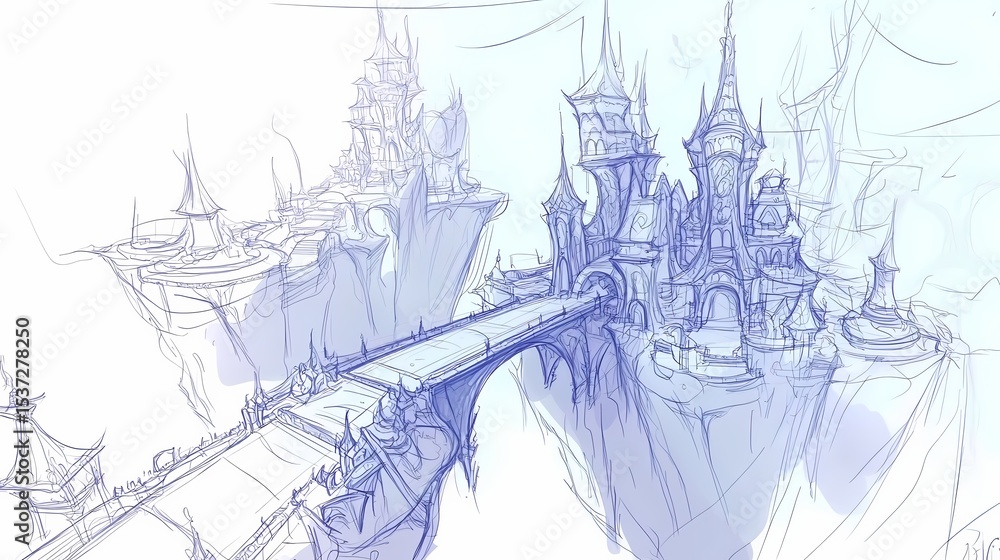 Fototapeta premium Floating city architectural sketch in light blue ink.