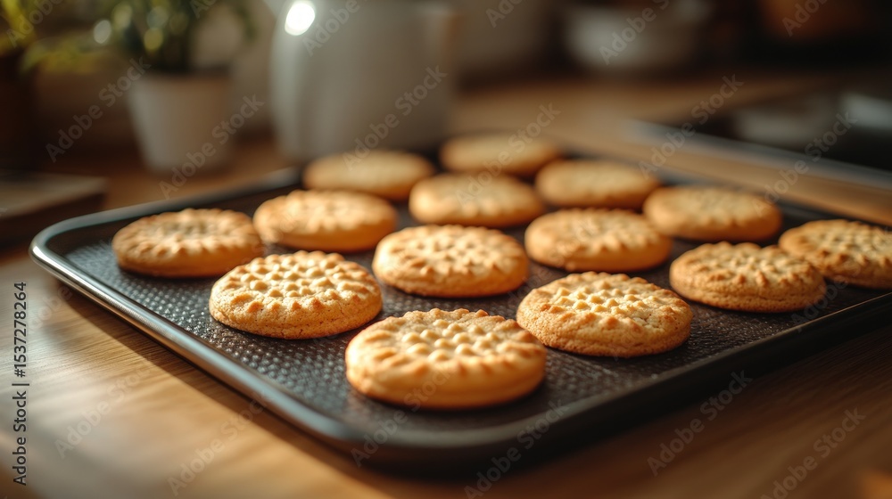 Round, light-brown cookies on a dark baking sheet, on a light wooden table Round, light-brown cookies on a dark baking sheet, on a light wooden table