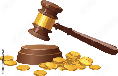 Auction Gavel Striking Coin Stack in Isolated Vector Illustration