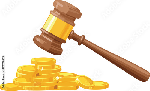 Auction Gavel Striking Coin Stack in Isolated Vector Illustration