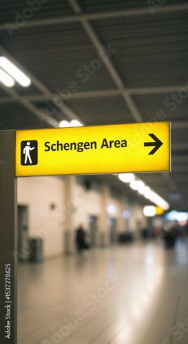 Yellow schengen area directional sign with blurred airport background, soft focus. Copy space at vertical backdrop. Traveling, visas and customs control concept