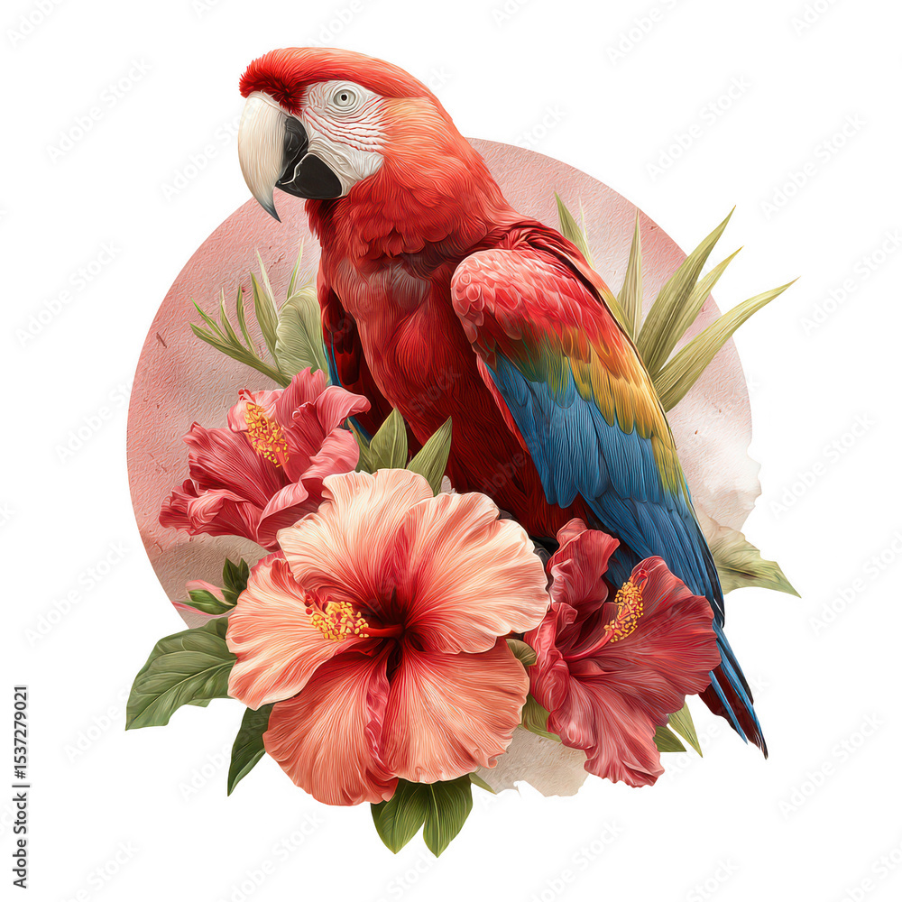 Obraz premium Scarlet macaw parrot perched among vibrant hibiscus flowers with tropical leaves, colorful feathers and detailed natural beauty in decorative composition