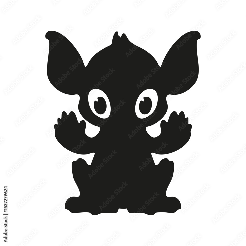 Obraz premium Silhouette Of A Cute Cartoon Creature With Big Ears And Eyes. Playful Fantasy Character Design. Isolated Vector Illustration