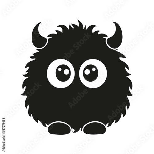Cute Furry Monster With Big Eyes And Horns. Playful Character Design For Kids. Isolated Vector Illustration