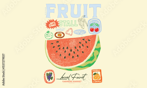 Fruit stall. Sweet watermelon t shirt artwork. Fresh watermelon fruit print. Eat more fruit. Watermelon fruit club print design.